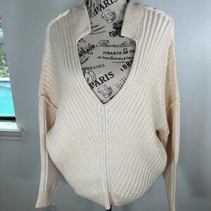 NWT Free People cream ribbed cotton knit v-neck dolman sweater Size M